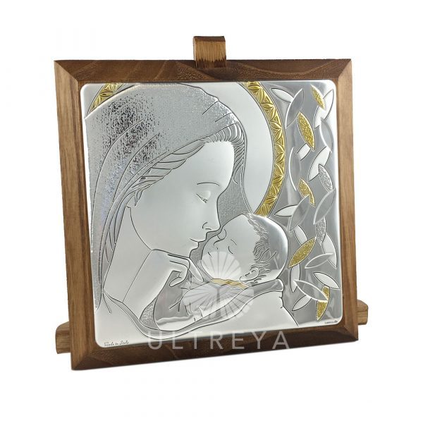 CUADRO DE NOGAL MADERA Y PLATA VIRGEN CON NIÑO