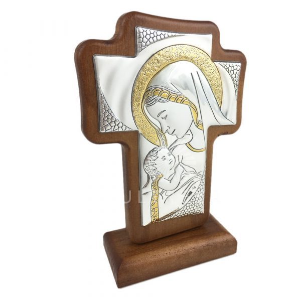 cruz madera plata virgen con niño