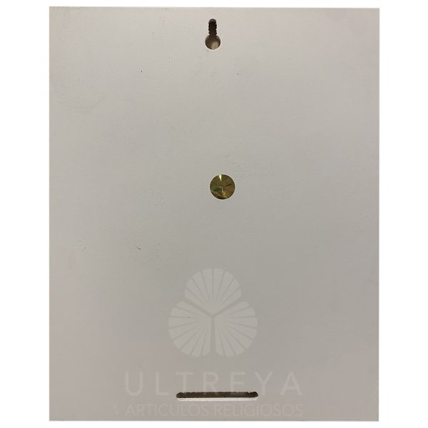 parte de atrás de cuadro de madera blanca con colgador y agujero para soporte