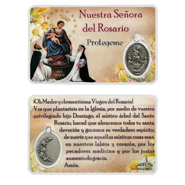estampita con medalla virgen del rosario