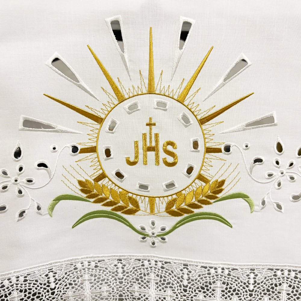 mantel de altar jhs con flores y espigas