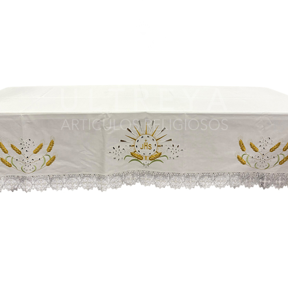mantel de altar jhs con flores y espigas
