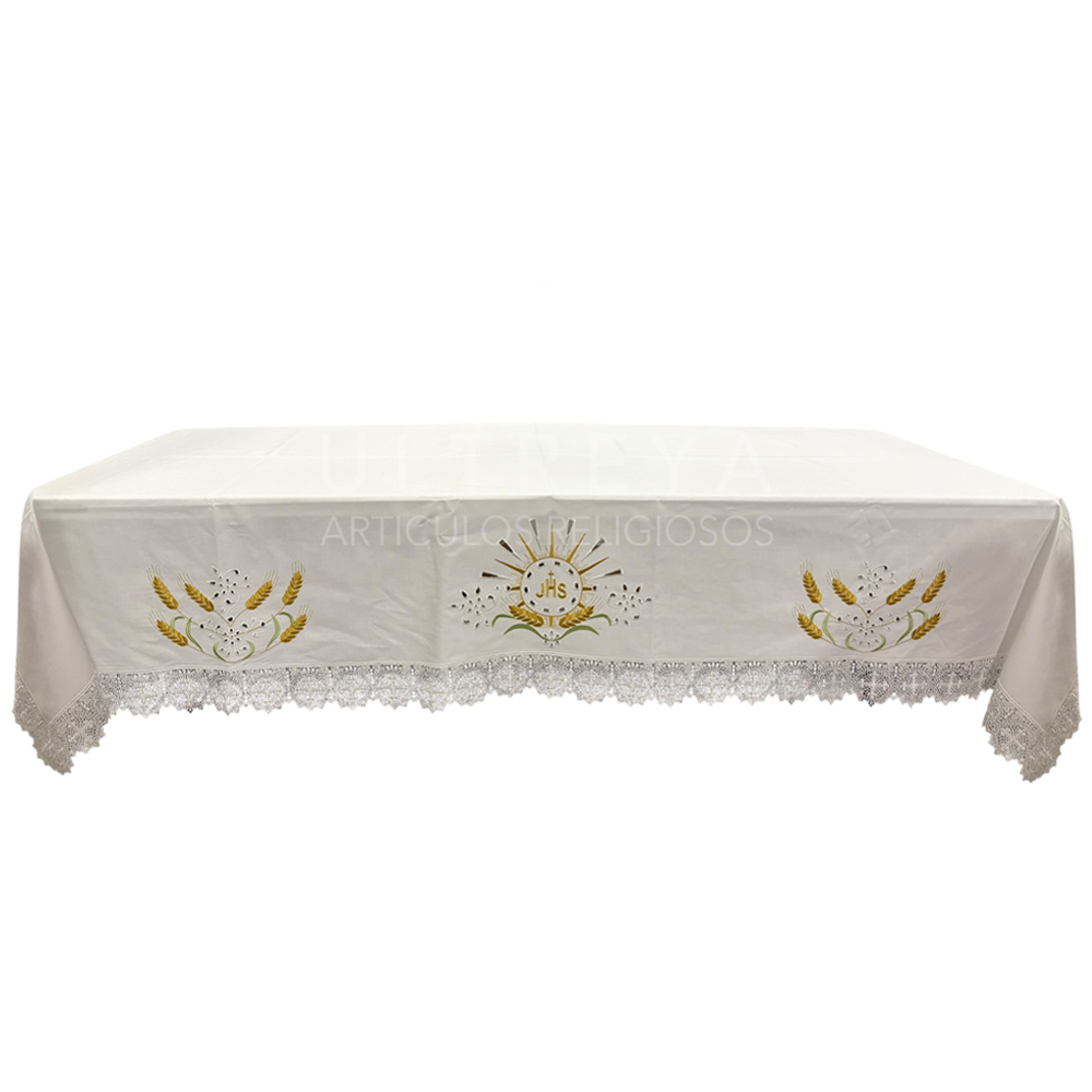 mantel de altar jhs con flores y espigas