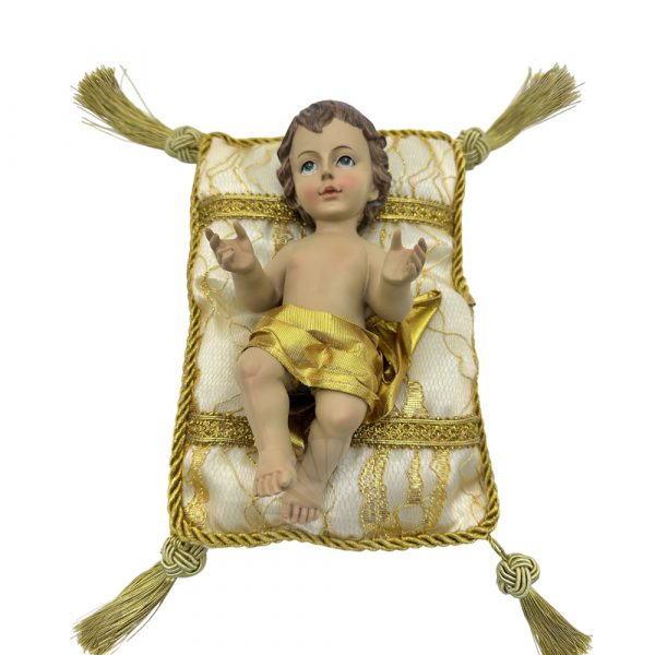 niño jesus cojin beige y dorado 18 cm