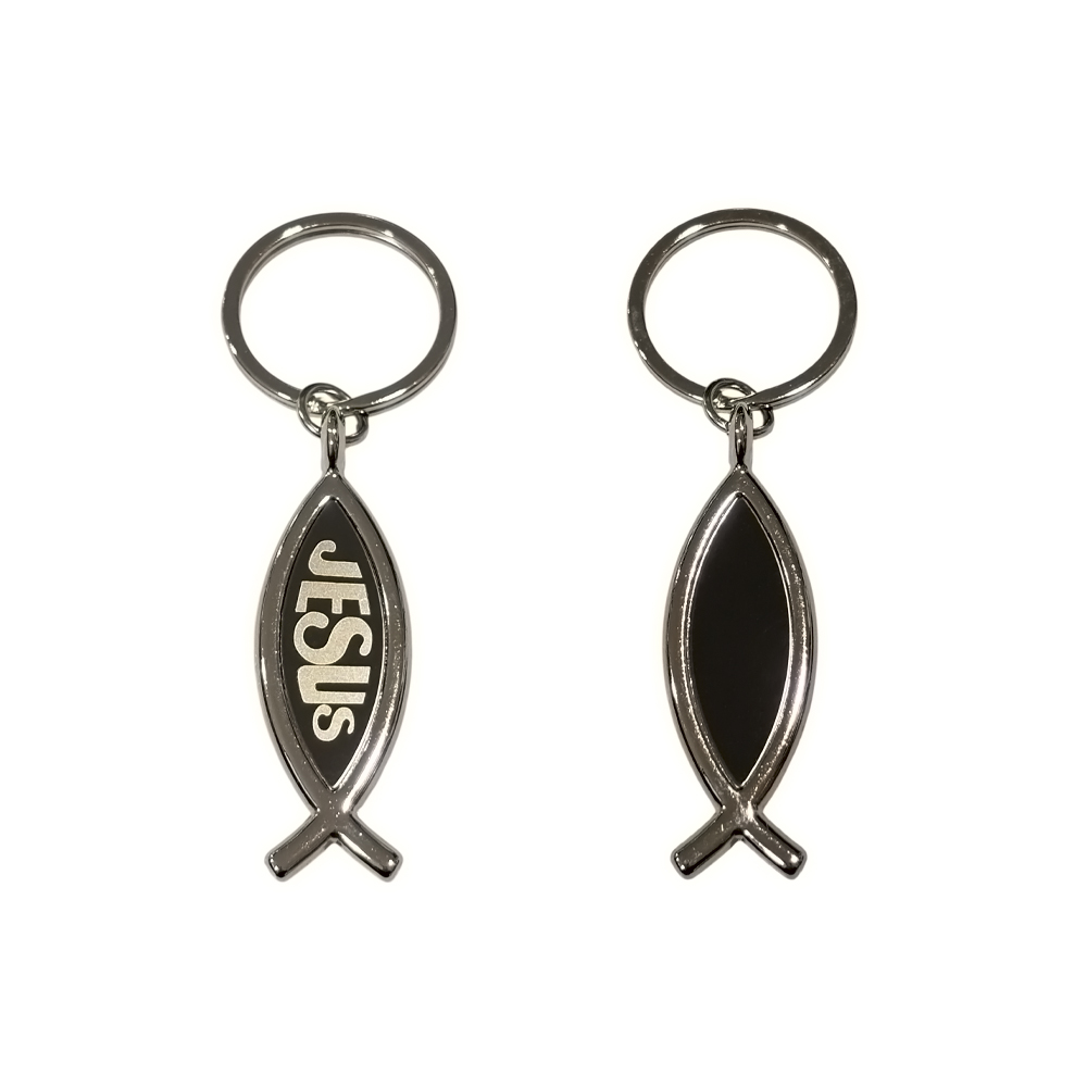 llavero de metal con pez e inscripción "Jesús"