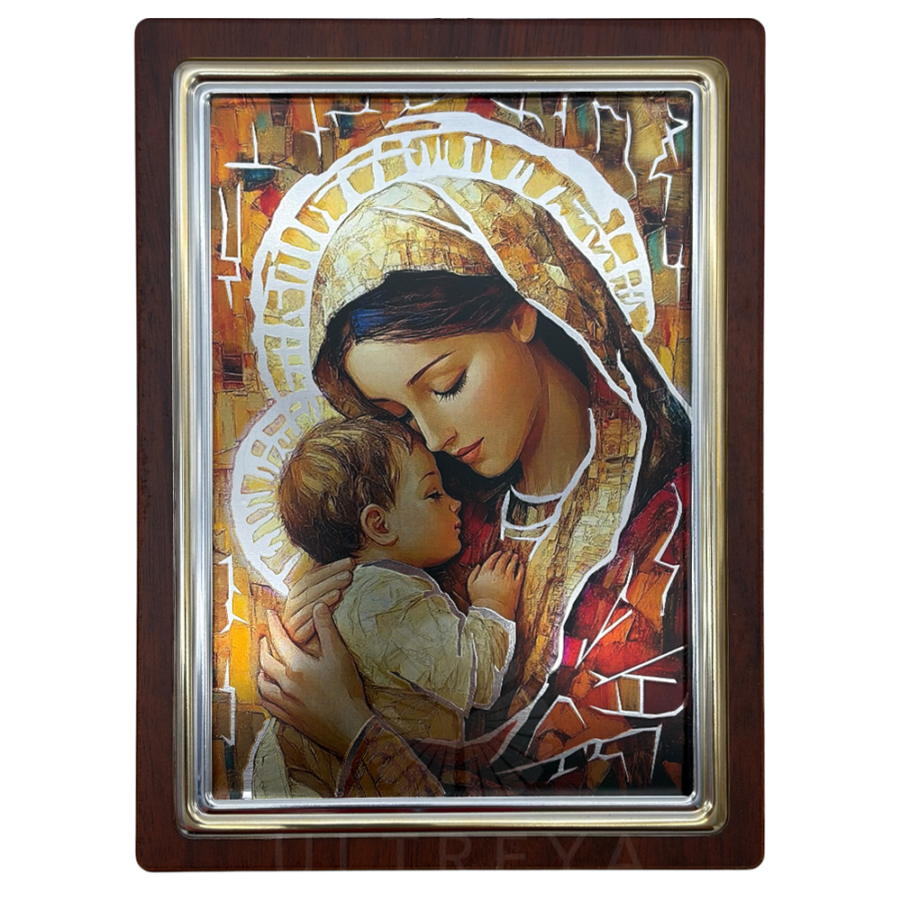 cuadro virgen con niño madera y plata